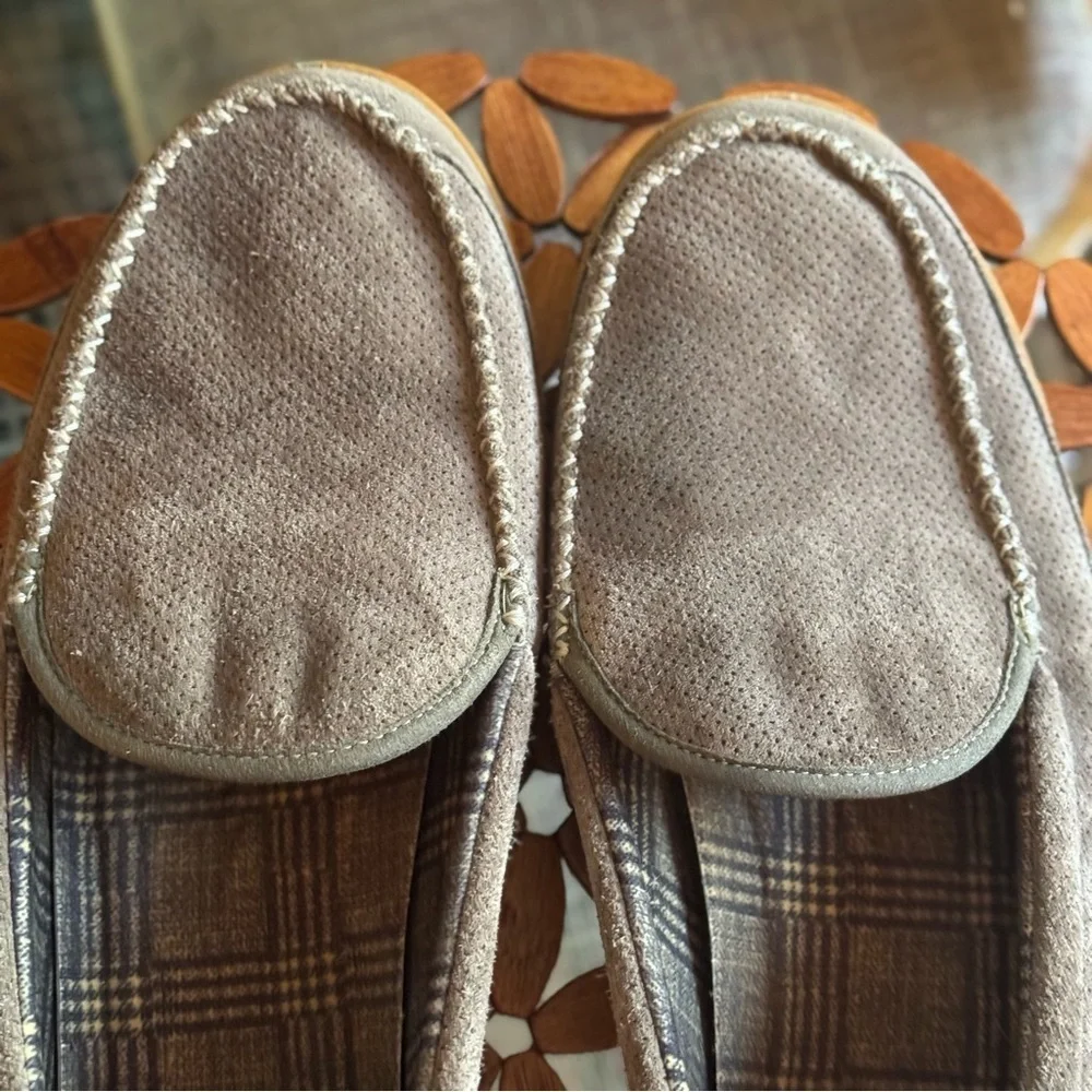 L.L. BEAN  Perforated Brown Suede Flannel Lined Camo Sole Mountain Slippers 14M